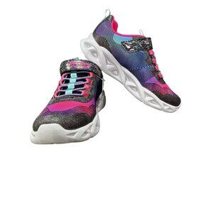 Skechers S Lights Girls Sneakers Size 2 Light-Up Sole Glitter Pink/Turquoise